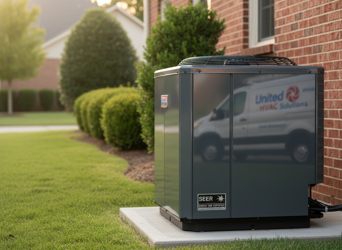 A highly detailed close-up of a modern outdoor HVAC condenser unit, with a clean dark gray metal housing and crisp white United HVAC Solutions service van reflected in its polished side panel. The unit sits on a neat concrete pad beside a brick suburban Atlanta home, with manicured green grass and neatly trimmed shrubs in the softly blurred background. Late afternoon natural light casts gentle, warm highlights across the unit’s fan grille and embossed efficiency rating label. Photographic realism, shot at eye level with a shallow depth of field, creating a professional, trustworthy mood suited for a top-rated HVAC service provider’s homepage hero image.