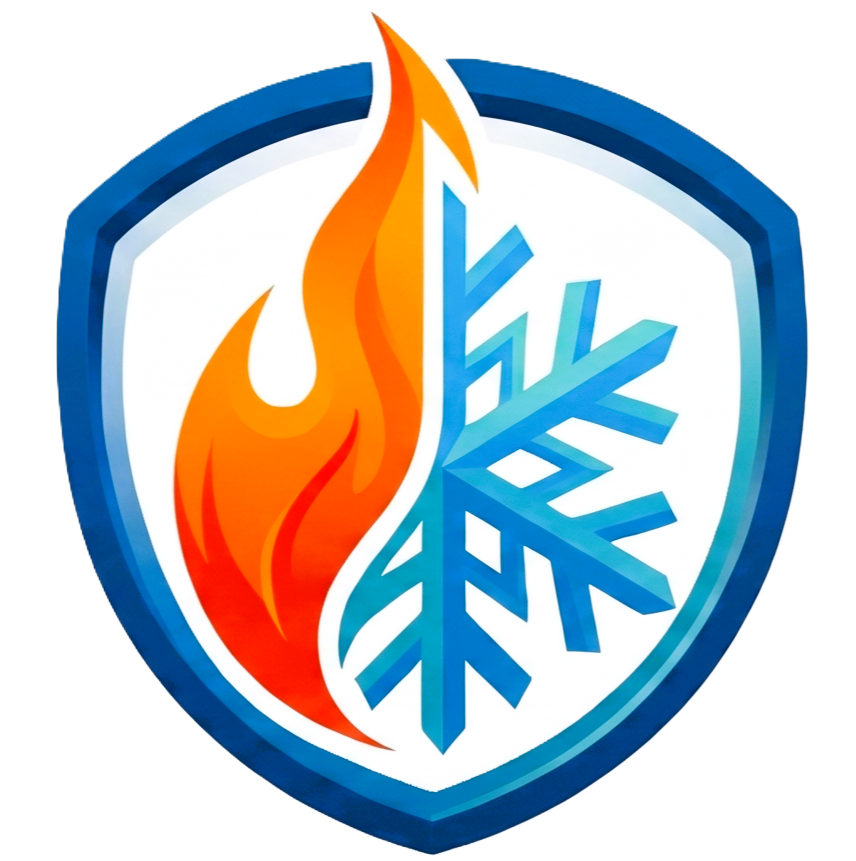 A shield with a flame on the left and a snowflake on the right.